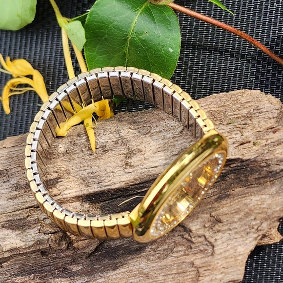 Gold Toned Women's Stretch Band Bracelet Watch with Rhinestone Crystal Accents - Picture 5 of 10
